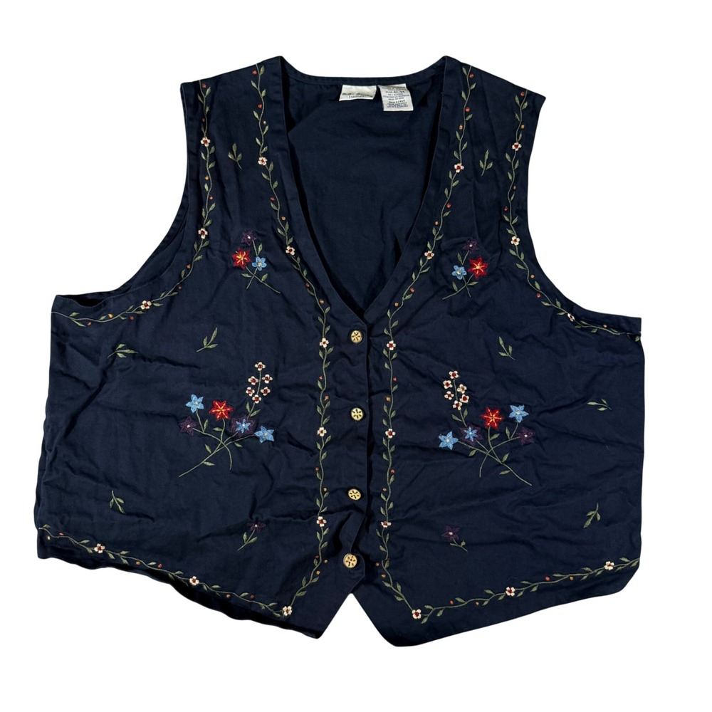 VTG Bobbie Brooks Embroidered Floral Vest Women 22W/24W Navy Blue Cottagecore